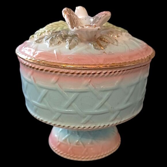 Majolica 3D Candy Dish Birds Floral Handpainted Porcelain Betson Colorful Shabby - Picture 9 of 16